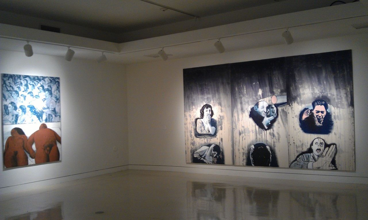 Exhibition view "Storm" at TAM, Torrance Art Museum, Torrance (CA), 2015. Right: "Storm", 2012, ink, oil on canvas, 250x420 cm. Left: "The Anatomy Lesson", 2012, oil on canvas, 200x150 cm
