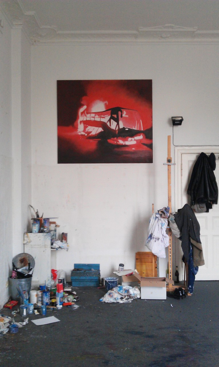 Studio Bülowstr. 90, Berlin. Painting: "Blinded by the Night", 2015, oil on canvas, 140x150 cm