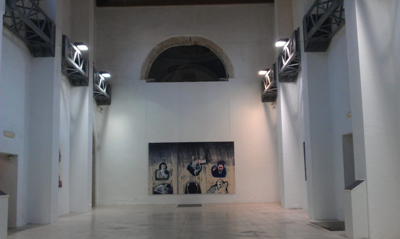View of the exhibition "Overturn", Civica Galleria d’Arte Contemporanea Montevergini, Siracusa, 2016. Painting: "Storm", 2012, ink, oil on canvas, 250x420 cm