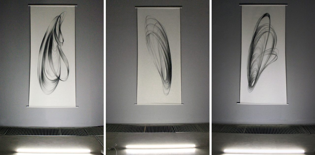 META-SIGNAL SONAR SYSTEM (MSSS) project, analogue drawings, graphite pencils on canvas, 200 x90 cm each, 2017 (Photography: MOON)