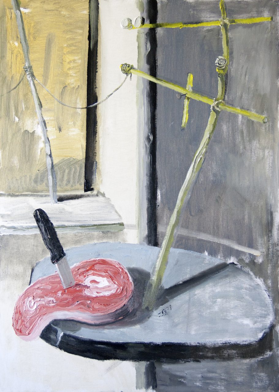 Sculpture and meat, oil on canvas on cardboard, 50x70cm, 2018