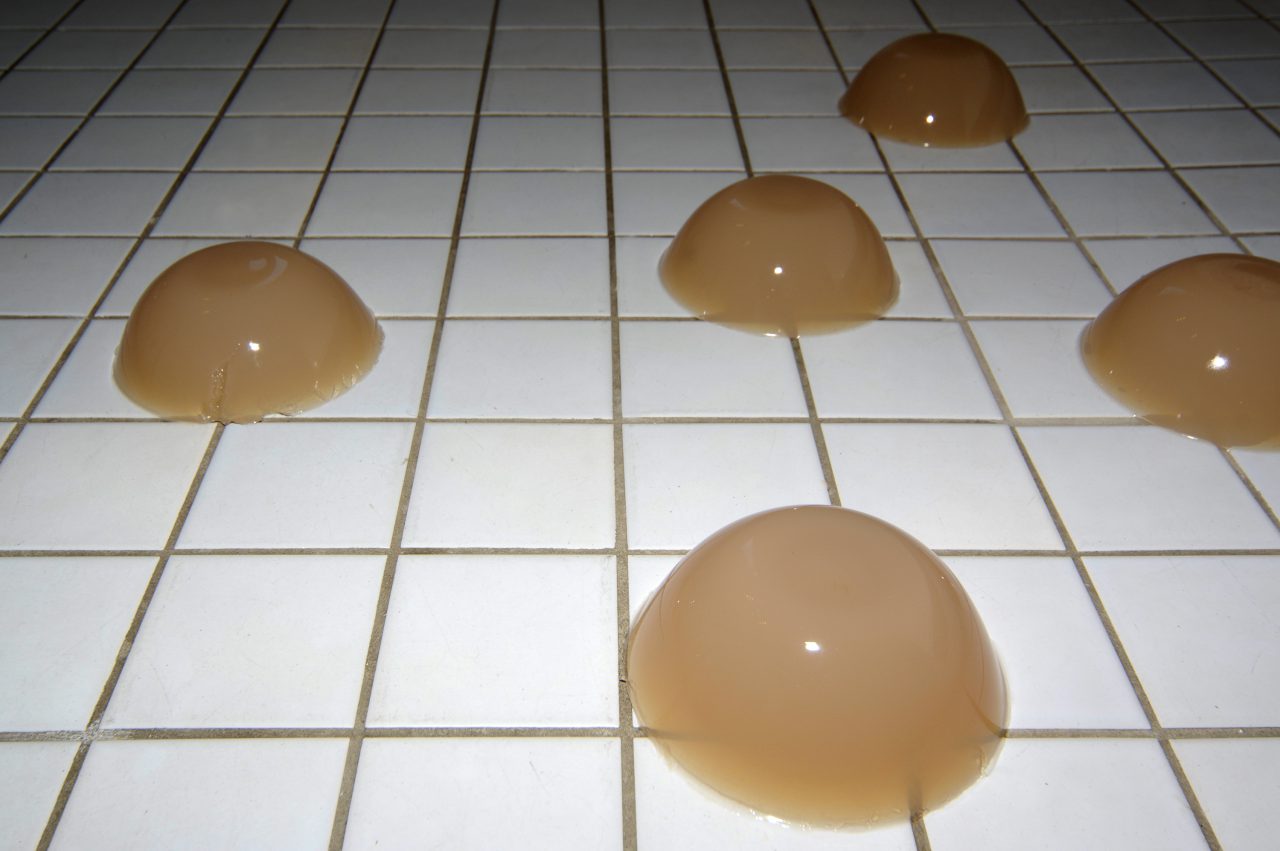 Veggie Boops 2015, Agar Agar, Ø 12cm, size variable. „Veggie Boops“ rides on the wave of self-optimization madness and the growing vegan trend, because agar agar is a vegetable gelatine. However, the medium opposes the social development of physical perfection and aging: the water begins to diffuse after a while and the boops begin to shrink, increasingly showing their transience. The work may be touched, the experience is surprising!