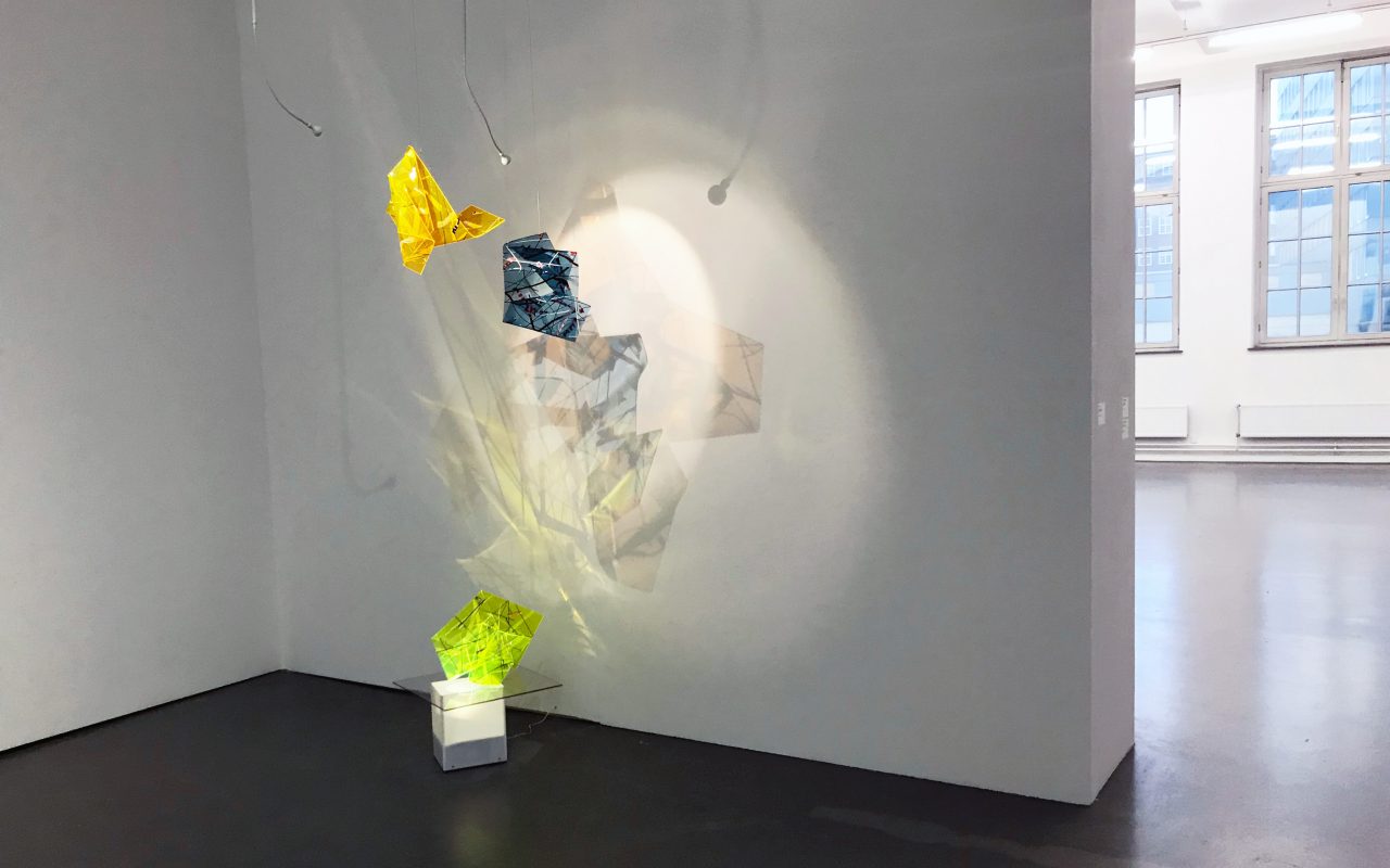 Installation RaumZeitFalte, Kunsthaus Hamburg, 2019 / translucent acrylic glass, tape, LED light, turning motor