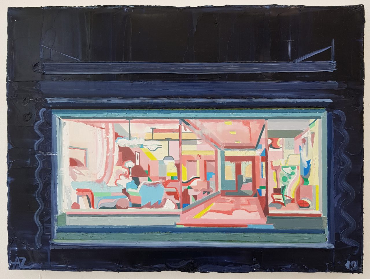 Shop window at night in 1938. Oil on linen, 2019, 30x40cm