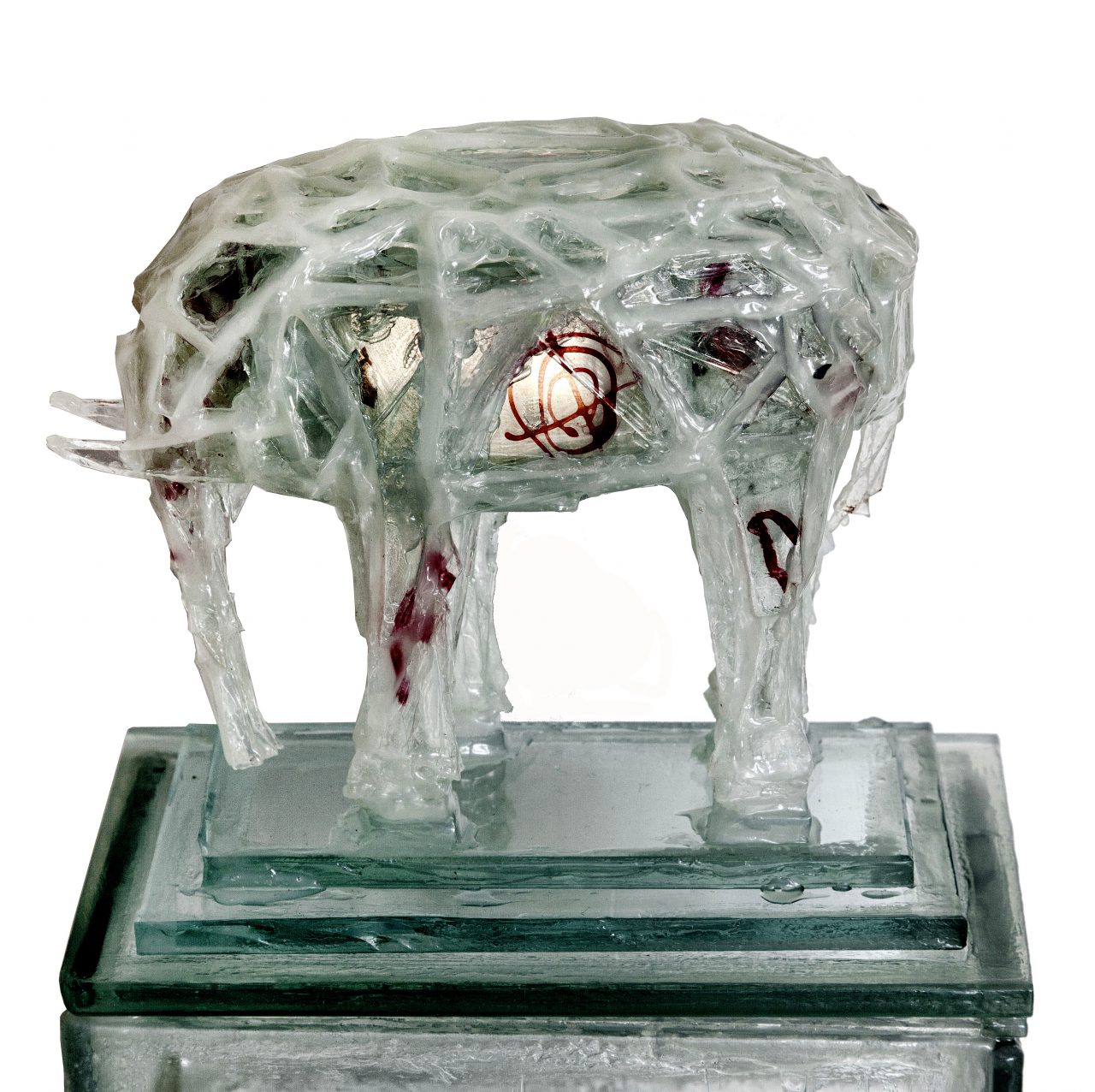 Elephant 2019 Glass, Glue, Ink + Paint Dimensions 21 x 12 x 16cm Height on Stele: 94cm