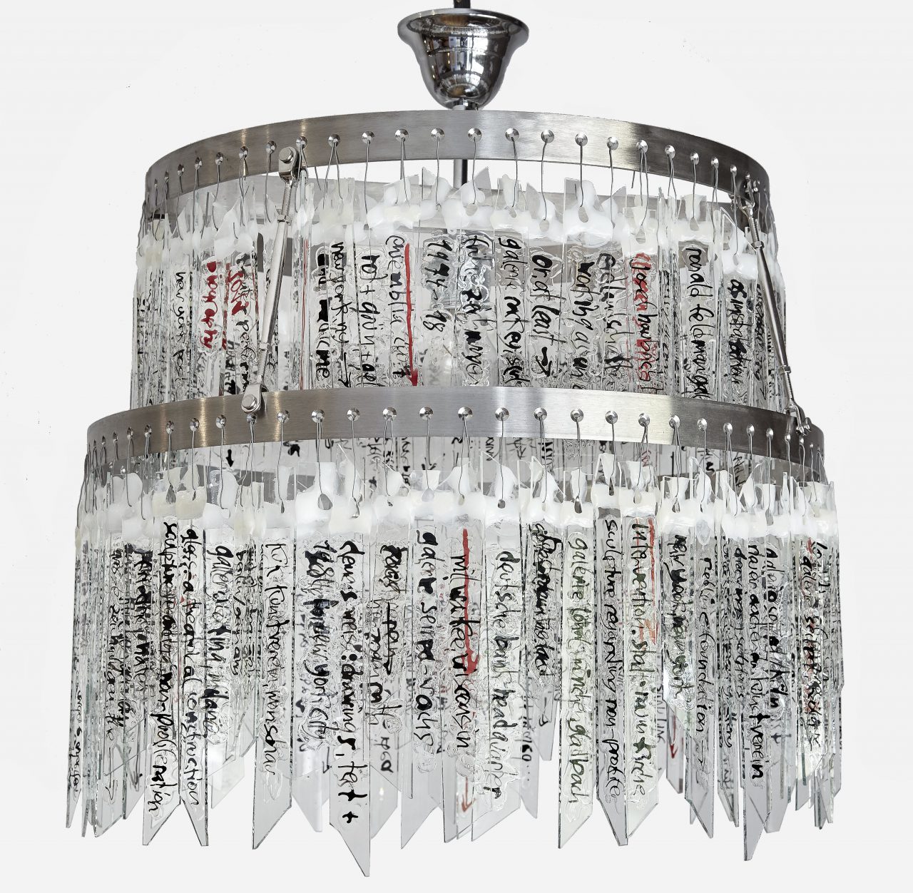 Chandelier 2019 Text: Exhibitions + Locations Stainless Steel, Ink/Glue on Glass, Diameter 52 cm x 64cm