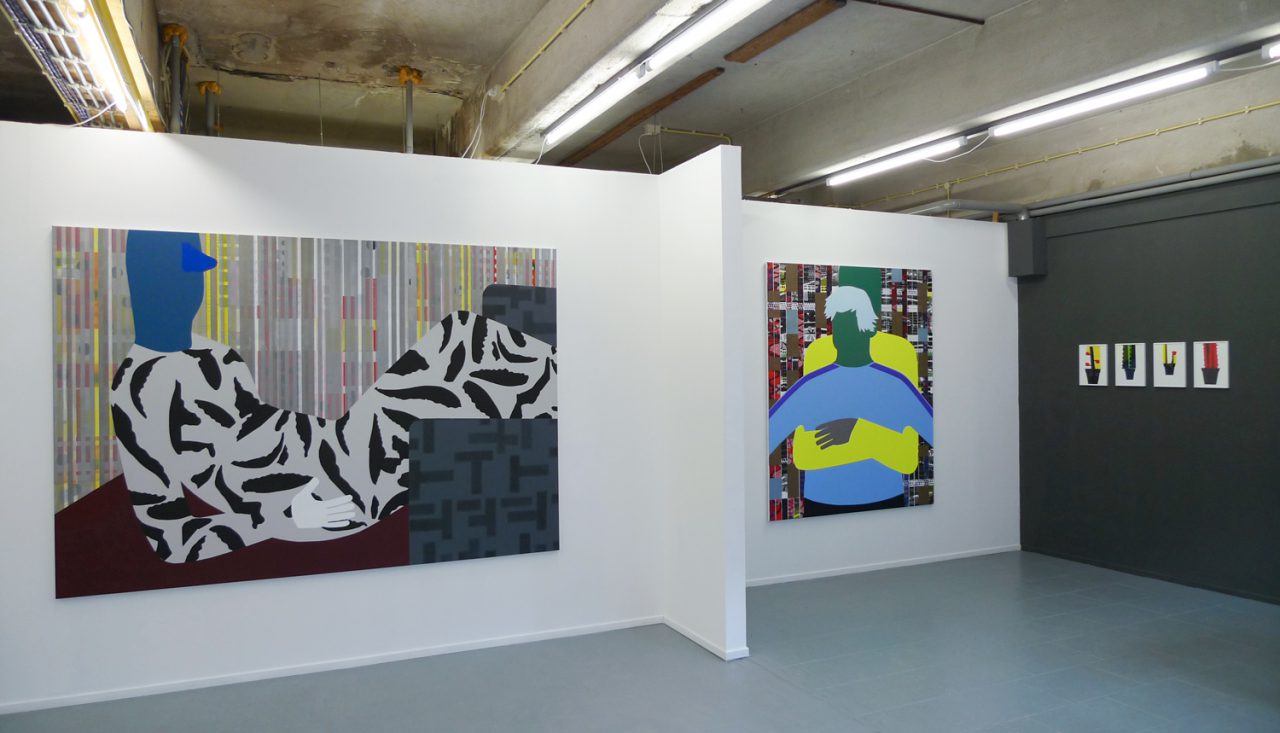 left: Penthouse I, 170x250cm, 2015 _ Coll. Erasmus University Rotterdam, right: Tronie & City, 180x150cm, 2015 _ collection Ministery of Foreign Affairs, black wall: Plant in Pot, 29,7 x 21 cm, 2015, stencil on paper | sjabloon op papier, range of 8 - multiple: 10 _ Collected