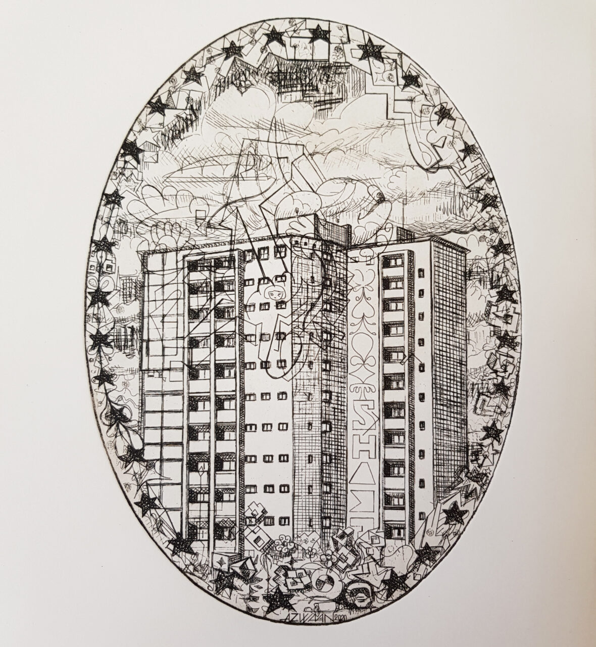 Residential Tower, 2020 4th state. Etching, Ø 23x16,5cm