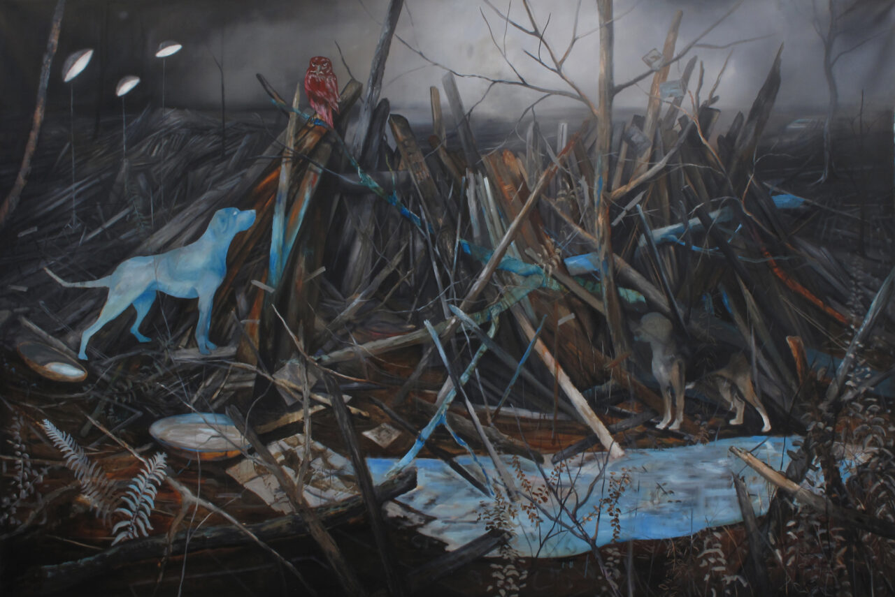 Wayfarer, Hounds, oil on canvas 190 x 260 cm