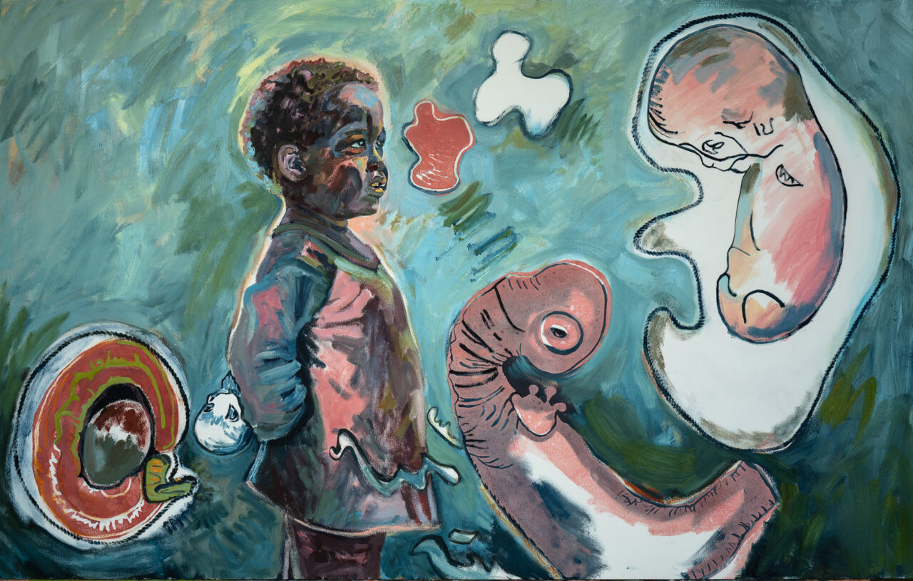 CHILD OF THE UNIVERSE, Öl und Acrylmalerei und Druckgrafik auf Holz, 2019, 160 x 100 cm
