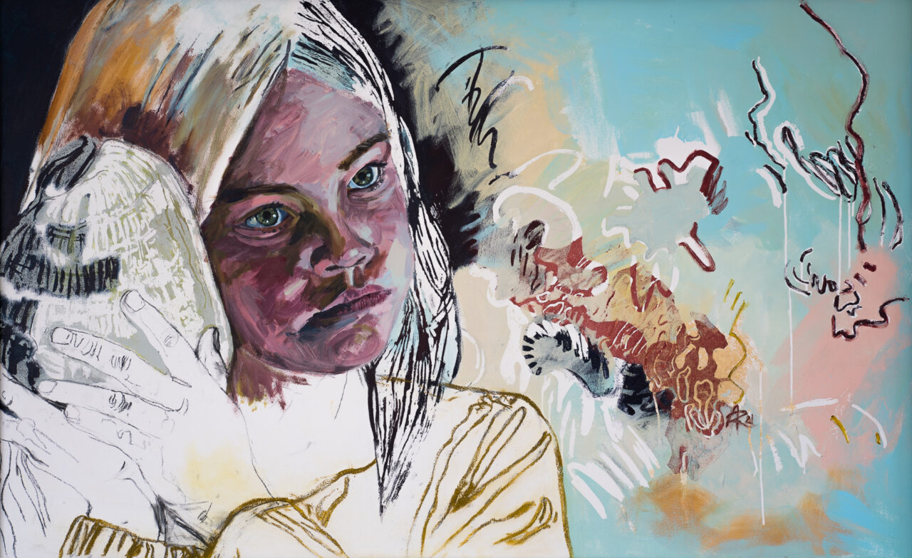 LEA'S DAY DREAM, Acrylmalerei und Druckgrafik auf Holz, 2021, 160 x 100 cm
