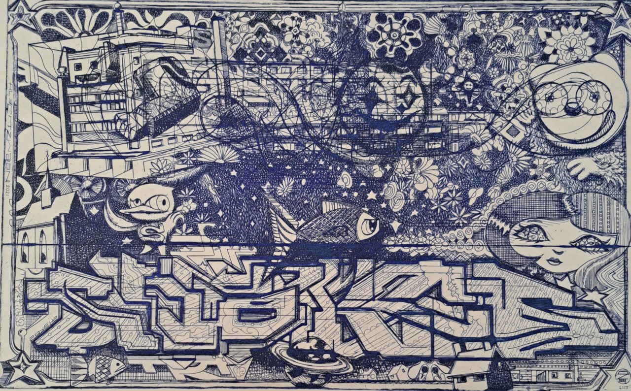 Streetwize Dubwize and old etching technique. 2021-2023, pure line etching, 25x40cm, 9th and final state.