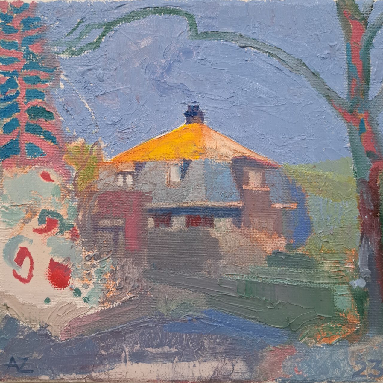 House in summer evening light. 2023, Öl auf Leinwand, 20x20cm