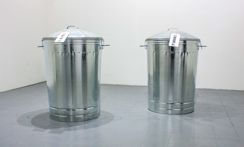 Endgame Materials;  Empty Vessels Bankley Gallery Manchestertwo steel bins with labels 2018