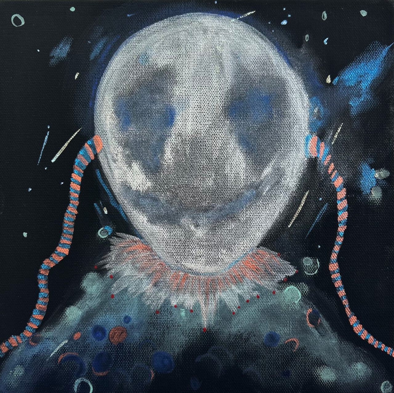 (self-portrait 15) 'All Clowns are made of stardust', Watercolour and oil pastel on black ground on linen, (H)25x25cm, 2024