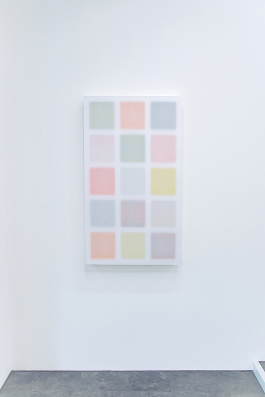 Untitled (15/3/2),  Acrylic on wood, transparent trevira fabric, 115 x 65 x 9 cm, 2025, Installation view at Galerie Mathias Mayr (AT)