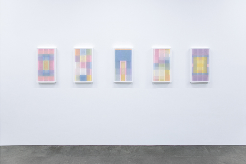 Untitled (SCRN 12-16), Acrylic on wood, transparent polyester fabrics, 50 x 28 x 5 cm each, 2025, Installation view at Galerie Mathias Mayr (AT)