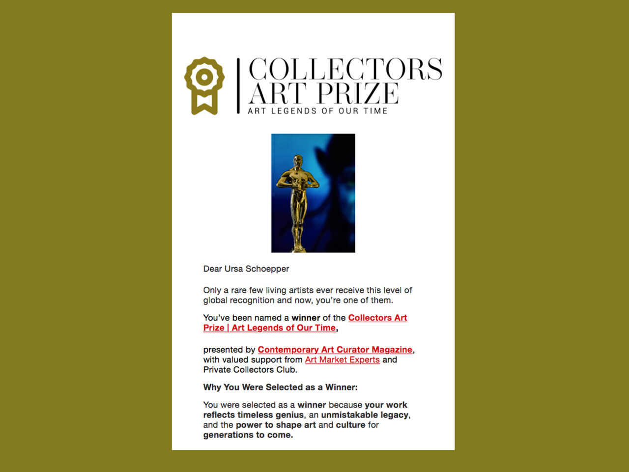 COLLECTORS ART PRIZE ART LEGENDS OF OUR TIME