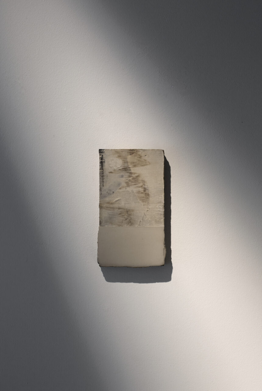 BEFORE WE TOO INTO THE DUST DESCEND ( s.II no.I )  after Rubáiyát of Omar Khayyám , 2025  walnut ink, carbon deposit, and mixed media on wooden support , 15.0 x 8.0 x 2.0 cm