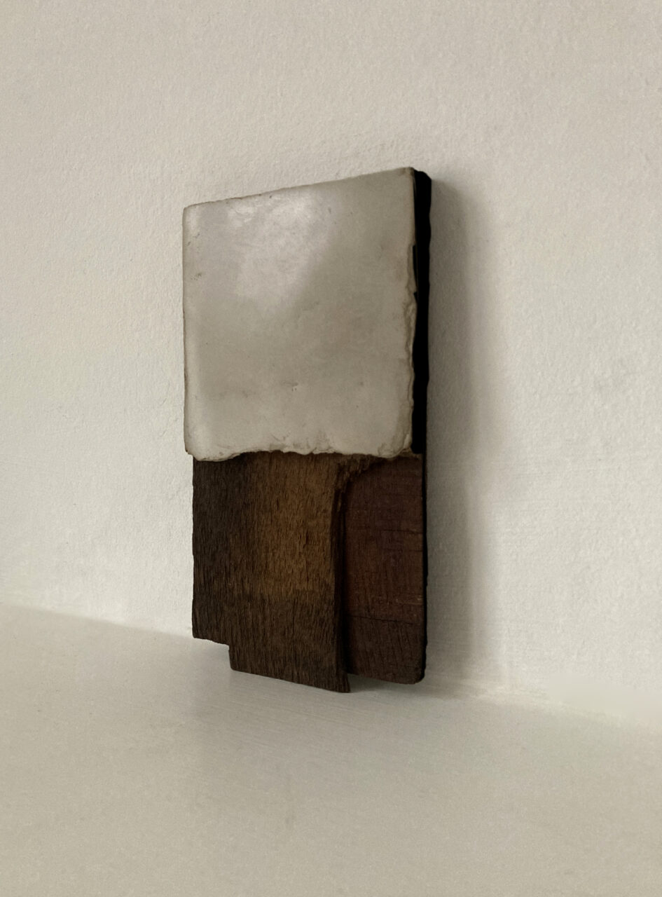 ONLY YOU SHALL WALK IT ( s.II, n. I ) after Olav H. Hauge, laminated wooden fragment, polished wood fibers, and ultra-black resin  14.3 x 8.0 x 1.0 cm  (private collection UK)